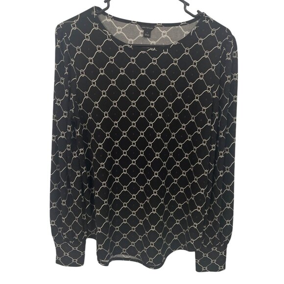 Ann Taylor Black Chain Print Long Sleeve Blouse S Stretch Classic Elegant - Picture 1 of 6